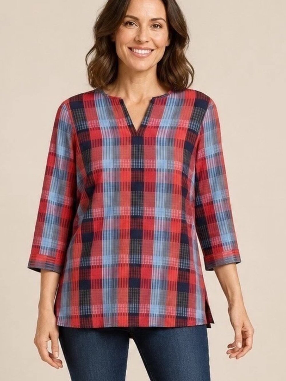 Brooks Brothers Plaid Split Neck 3/4 Sleeve Cotton Tunic Size 4